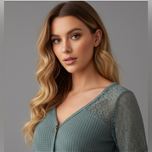 Ribbed Lace Bell Sleeve Tie Front Tee - Picture 2 of 6